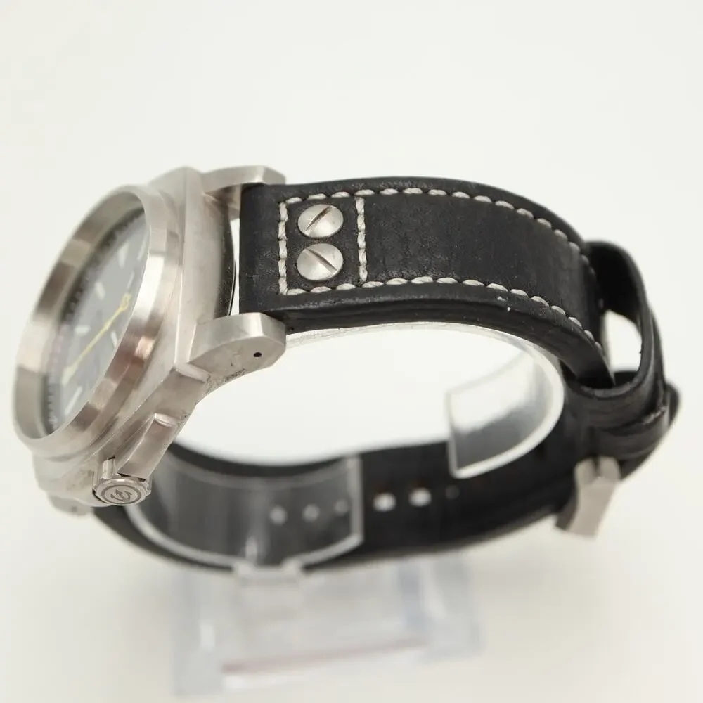 NFW Dive Mens Silver Tone 46mm Watch Black Leather Strap with New Battery